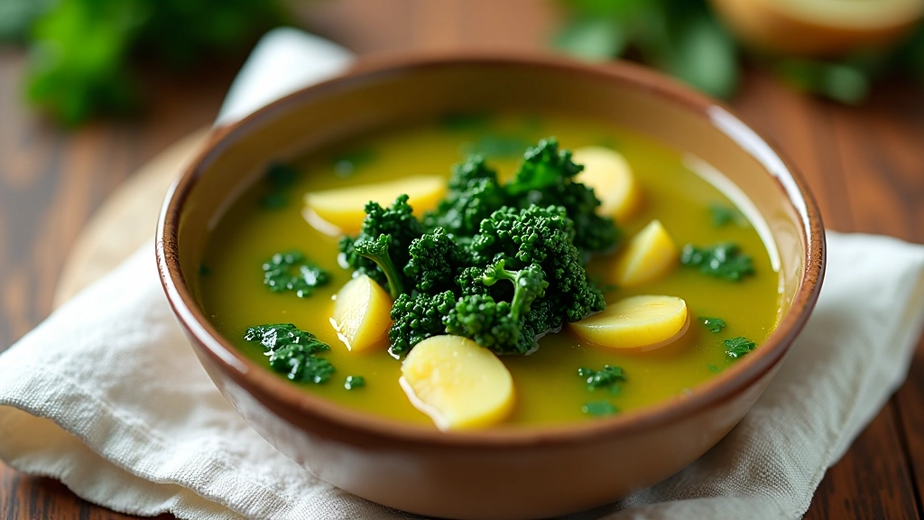 Tigela de caldo verde fumegante com couve-galega verde vibrante, batata dourada e um fio de azeite verde no topo, em louça tradicional portuguesa
