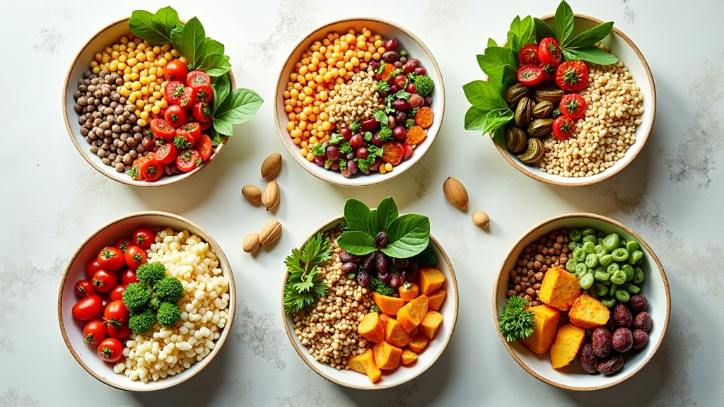 Tigelas com diferentes pratos veganos: feijão com arroz, lentilha com abóbora, grão com legumes