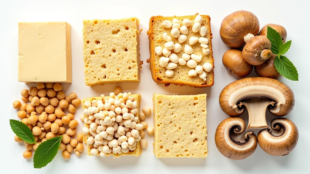Seleção de substitutos de proteína vegana: tofu, tempeh, lentilhas vermelhas, grão-de-bico e cogumelos porcini numa composição fotográfica profissional