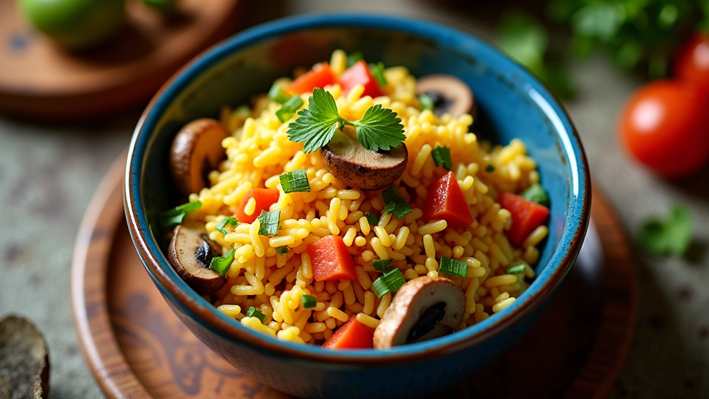Prato tradicional português adaptado vegetariano: arroz com cogumelos e vegetais numa tigela de cerâmica azul, apresentação elegante e profissional