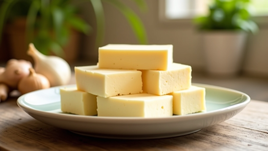 Blocos de tofu branco em prato com temperos: gengibre fresco, cebola e alho para preparação de prato asiático
