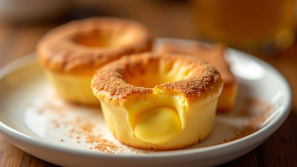 Três pastéis de nata recém-assados em prato de porcelana branca, mostrando o recheio cremoso visível no topo com polvilho de canela e açúcar cristalizado, vapor ainda a subir