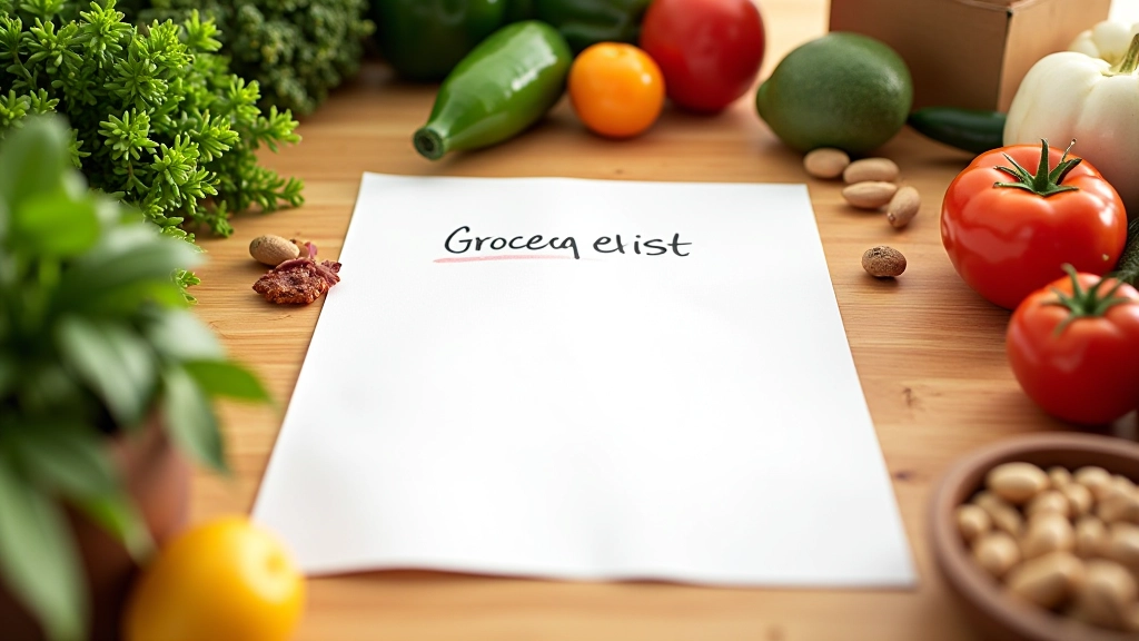 Lista de compras vegana escrita à mão com ingredientes frescos e produtos básicos para a semana