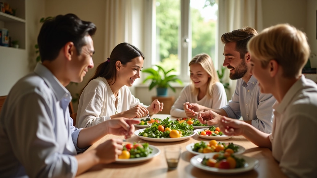 Família portuguesa desfrutando refeição à base de plantas juntos