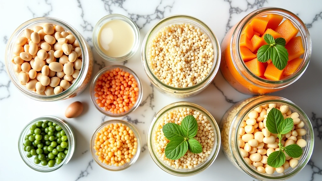 Diferentes ingredientes veganos organizados em potes de vidro: legumes, cereais, leguminosas
