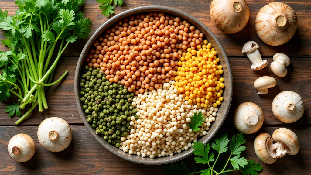 Variedade de ingredientes veganos portugueses: lentilhas, feijão, cogumelos, tofu e ervas aromáticas numa mesa de madeira