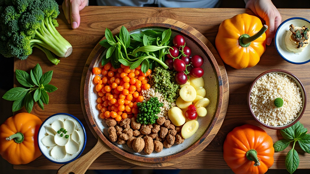 Mesa de refeição com pratos veganos tradicionais portugueses em ambiente de cozinha moderna