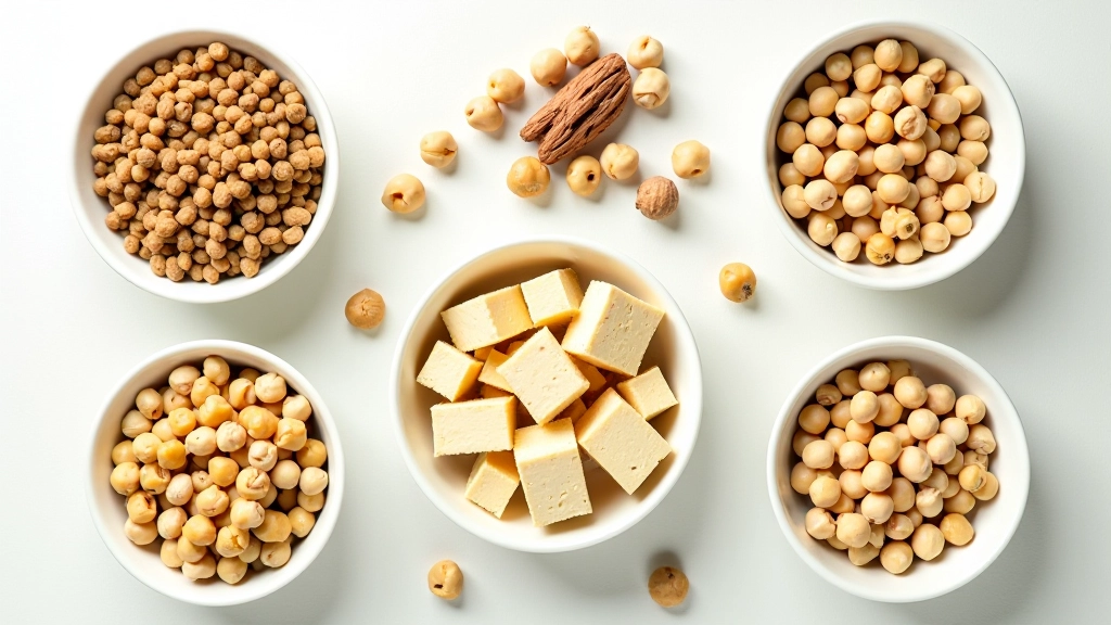 Variedade de alimentos ricos em proteína vegetal: lentilhas, grão-de-bico, tofu e nozes em pequenas tigelas