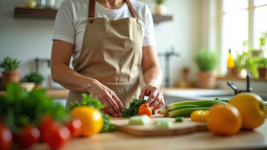 Chef a preparar ingredientes para receita portuguesa vegana numa cozinha moderna e luminosa