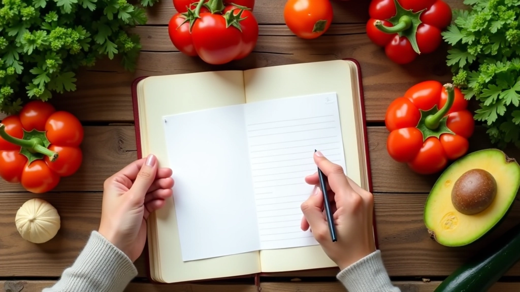 Mão a escrever plano de refeições numa agenda, com ingredientes veganos dispostos na mesa