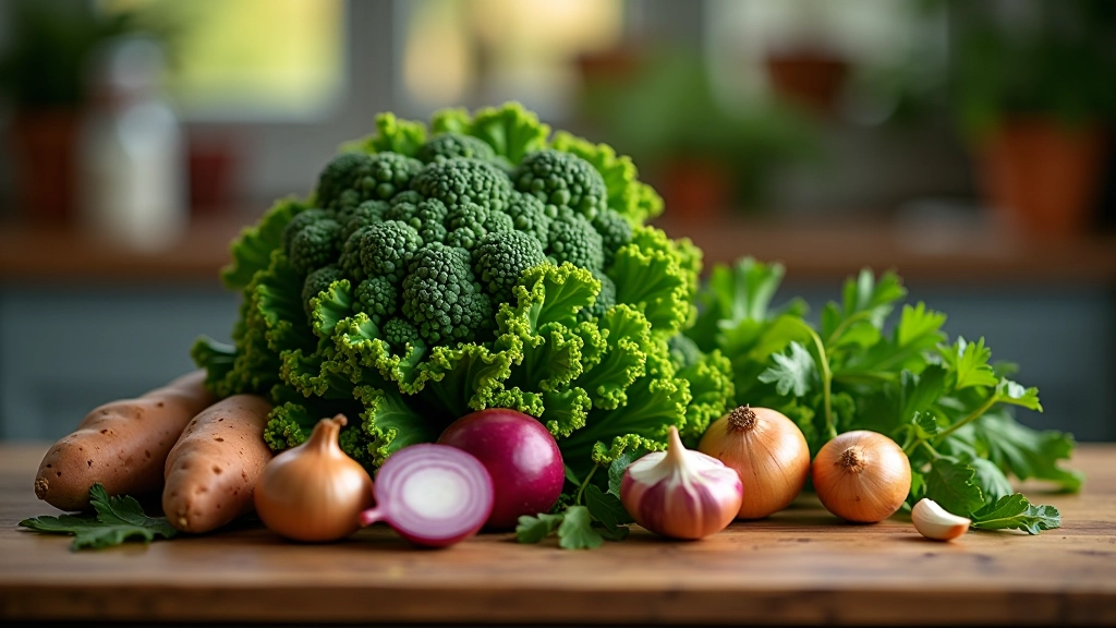 Ingredientes portugueses frescos incluindo couve-galega, batata-doce, cebola roxa e legumes variados em bancada de cozinha