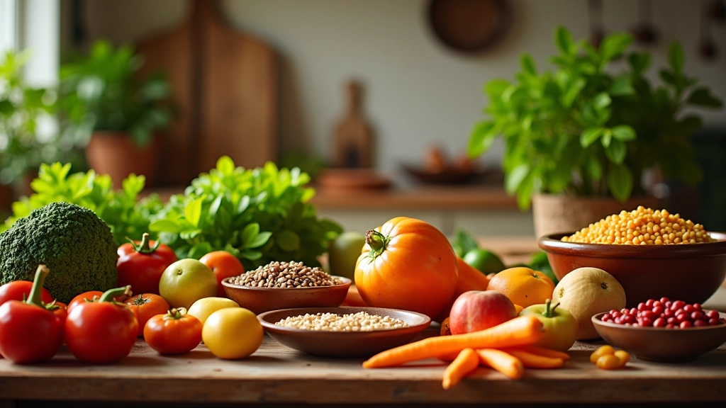 Cozinha portuguesa com vegetais coloridos e ingredientes naturais