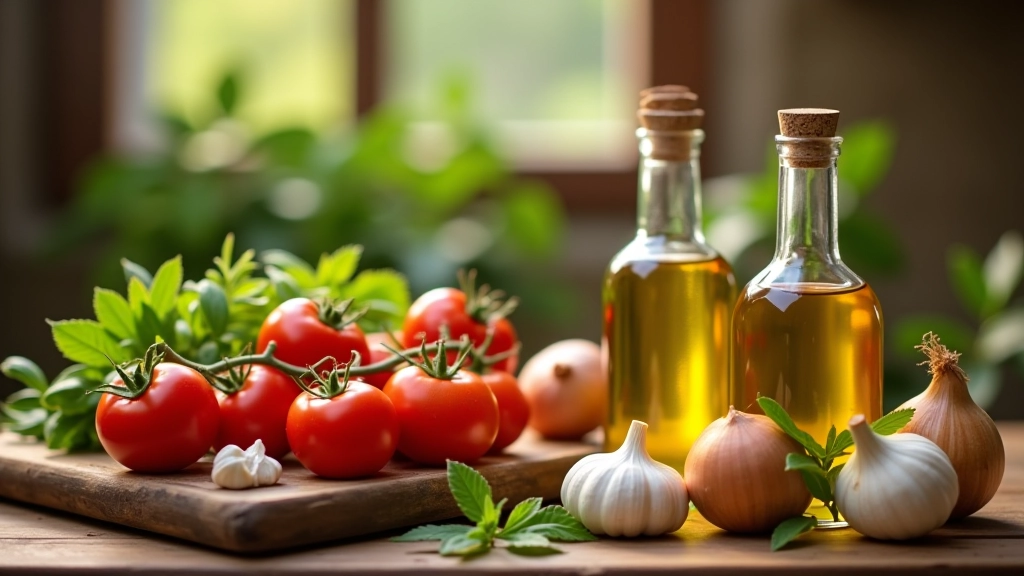 Cozinha de uma casa portuguesa com ingredientes frescos: tomate, alho, cebola, ervas aromáticas e azeite em frascos vidro sobre mesa de cozinha rústica