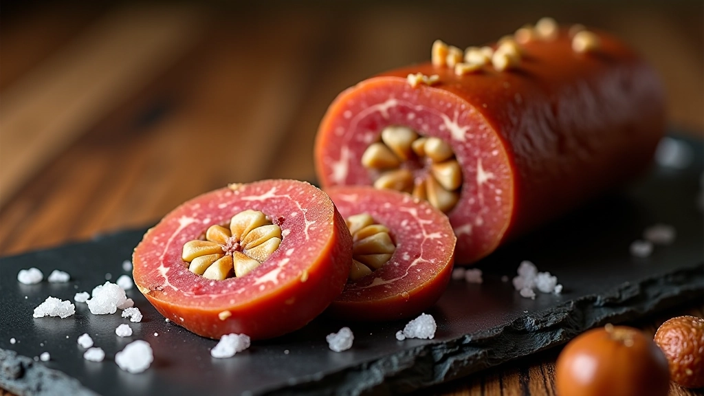 Alheira vegetariana fatiada na diagonal, mostrando o recheio de castanhas e nozes, polvilhada com flor de sal, em prato de ardósia cinzenta