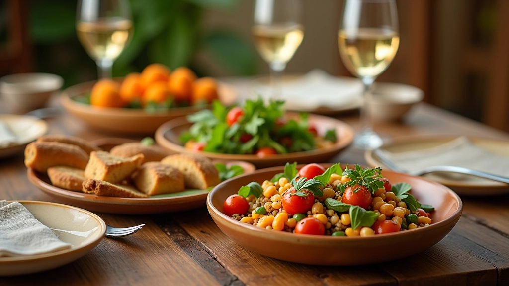 Mesa de refeição com múltiplos pratos pequenos mostrando exemplo de menu vegano português balanceado