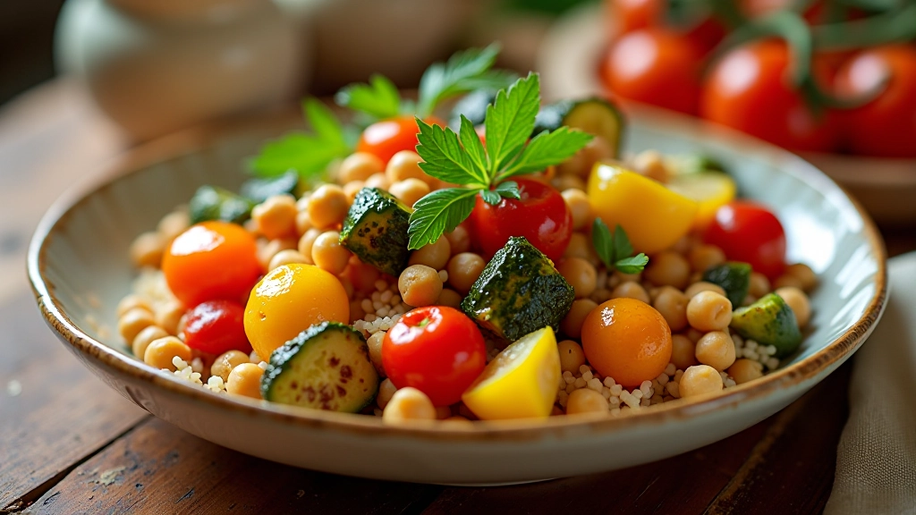 Prato tradicional português com legumes frescos e arroz integral em mesa de madeira