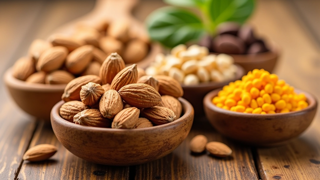 Variedade de frutos secos e sementes em tigelas pequenas: amêndoas, nozes, sementes de girassol e amendoim na mesa