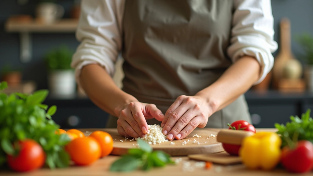 Mãos de uma cozinheira organizando ingredientes de substituição vegana: cogumelos, tempeh, legumes e ervas aromáticas sobre superfície de trabalho
